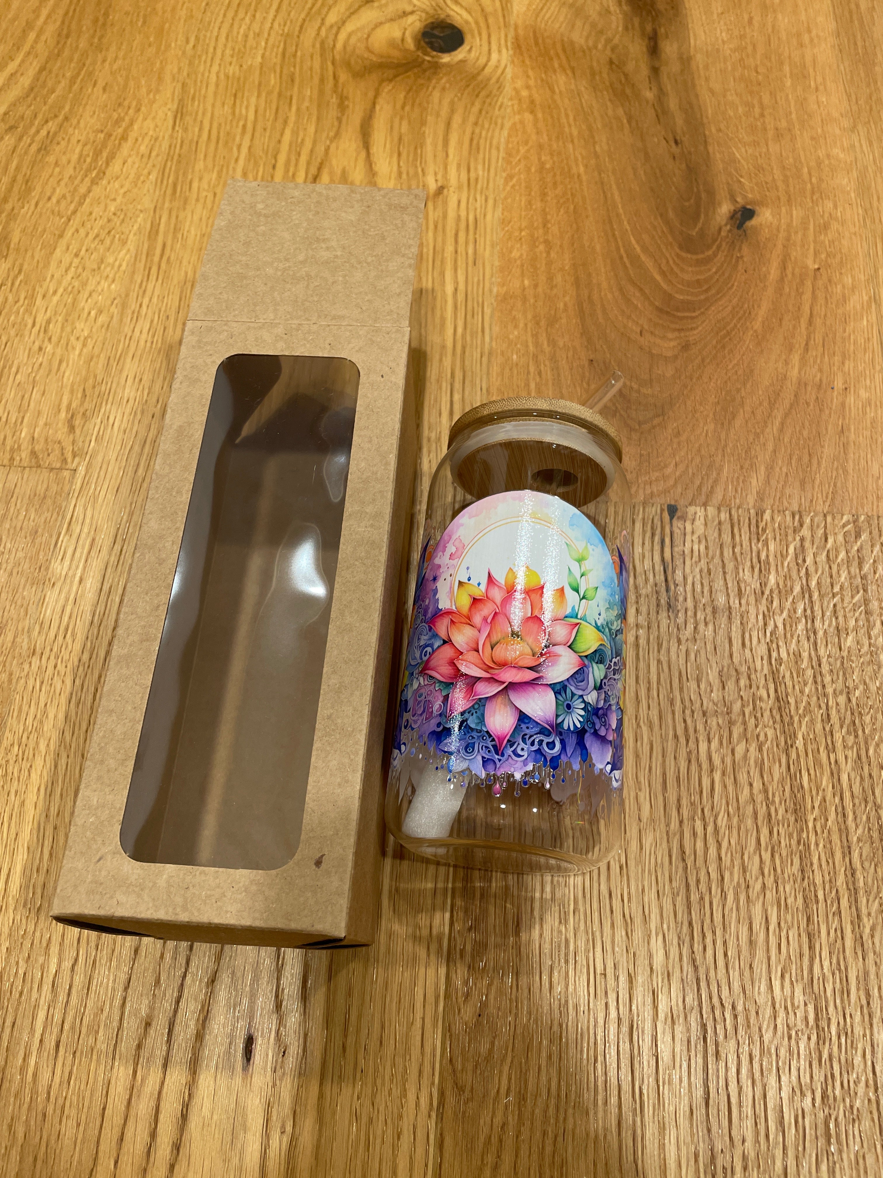 Glasbecher mit Bambusdeckel & Glasstrohhalm