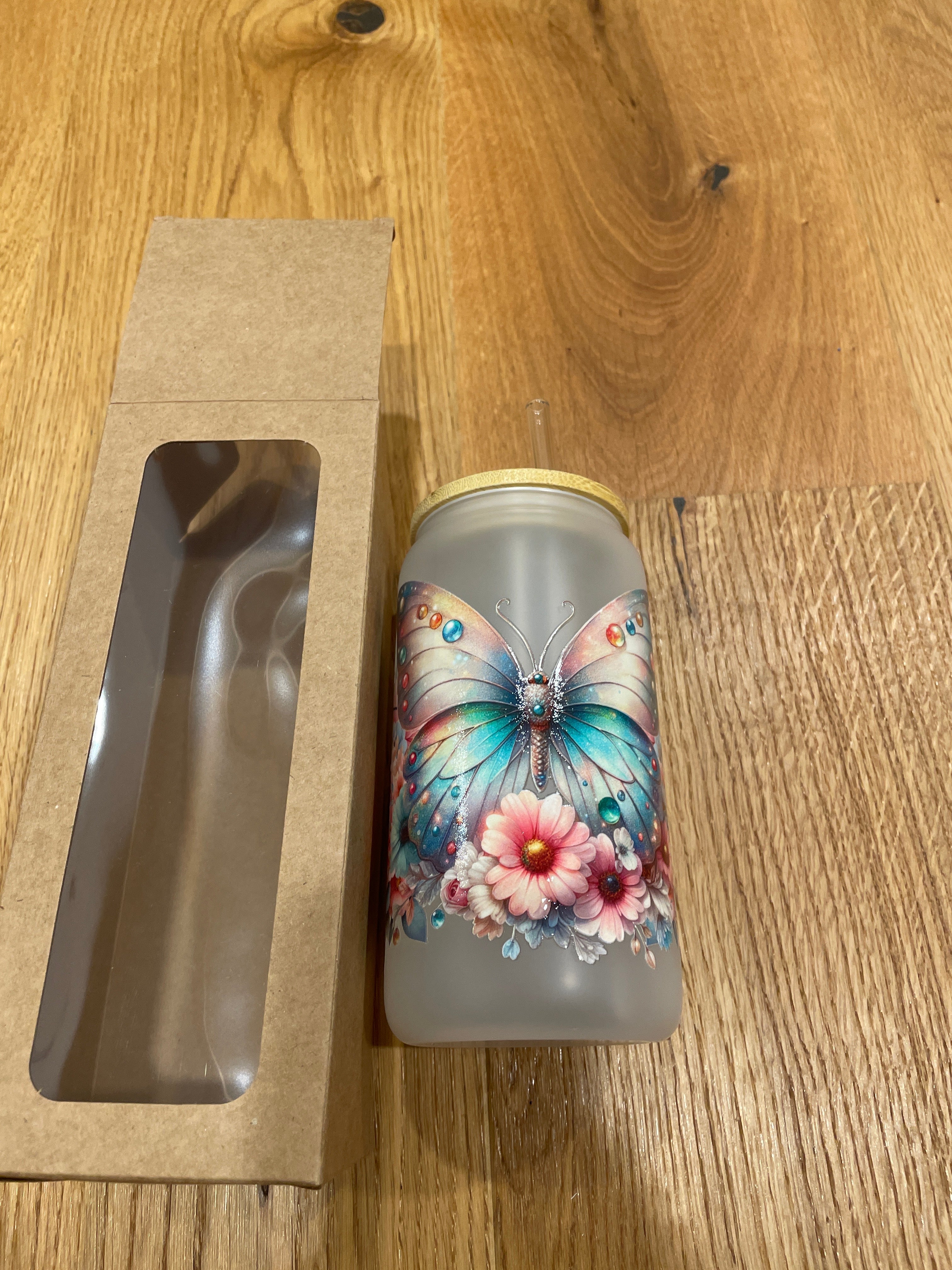 Glasbecher mit Bambusdeckel & Glasstrohhalm