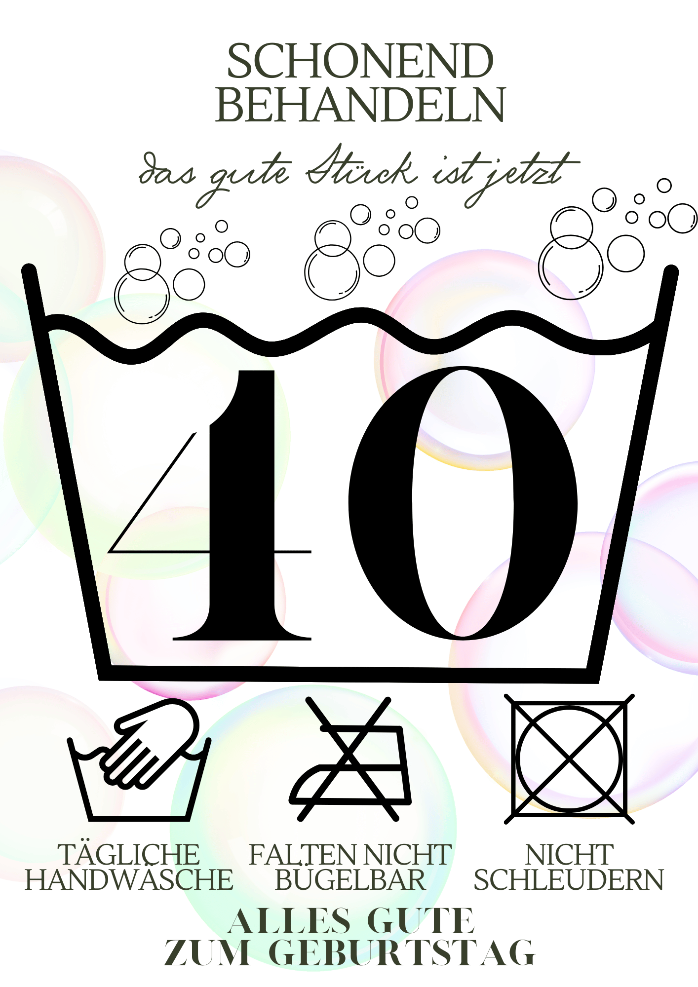 "40er" Runder Geburtstag, schonend waschen, digitaler Sofortdownload, DIN A4 PDF-Format, Last-Minute-Geschenkidee, DIY, Geldgeschenk