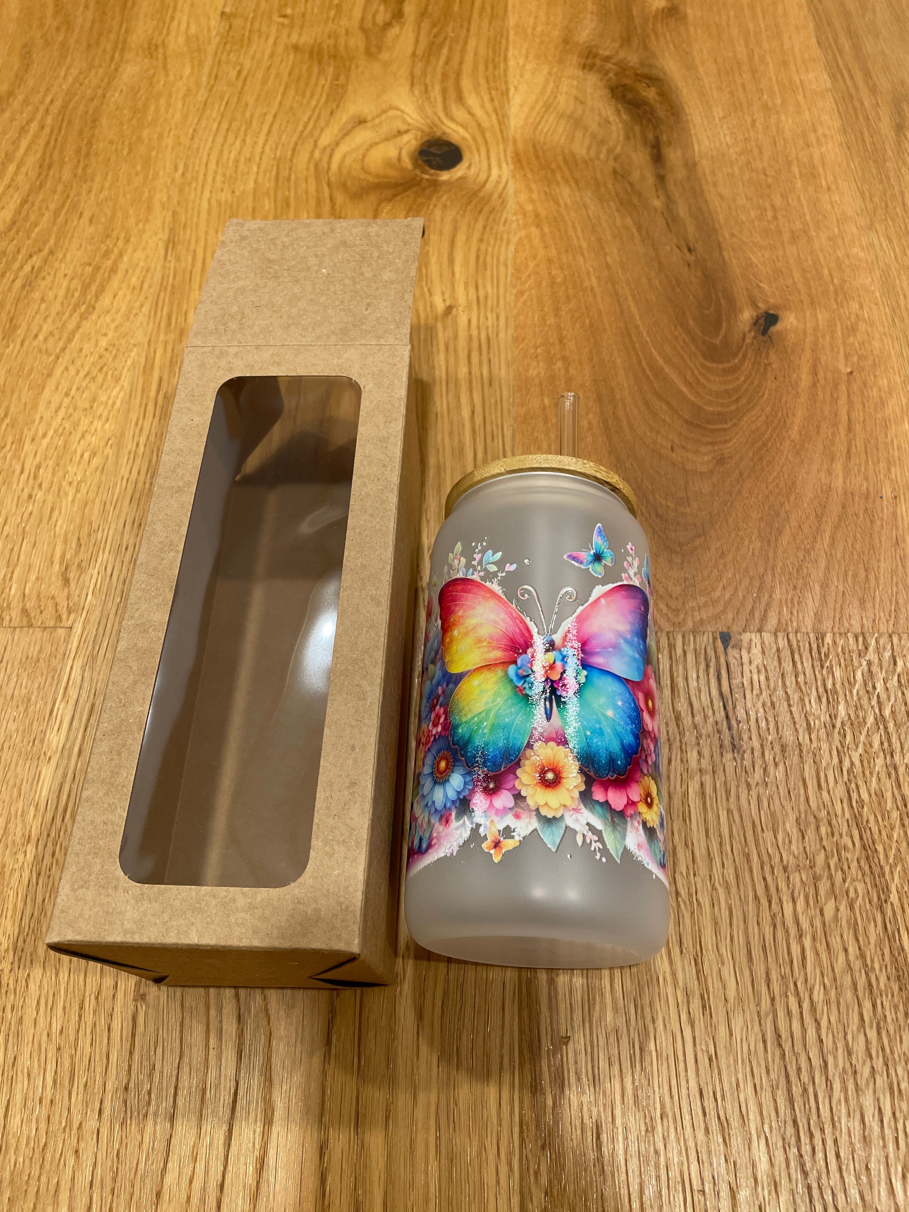 Glasbecher mit Bambusdeckel & Glasstrohhalm