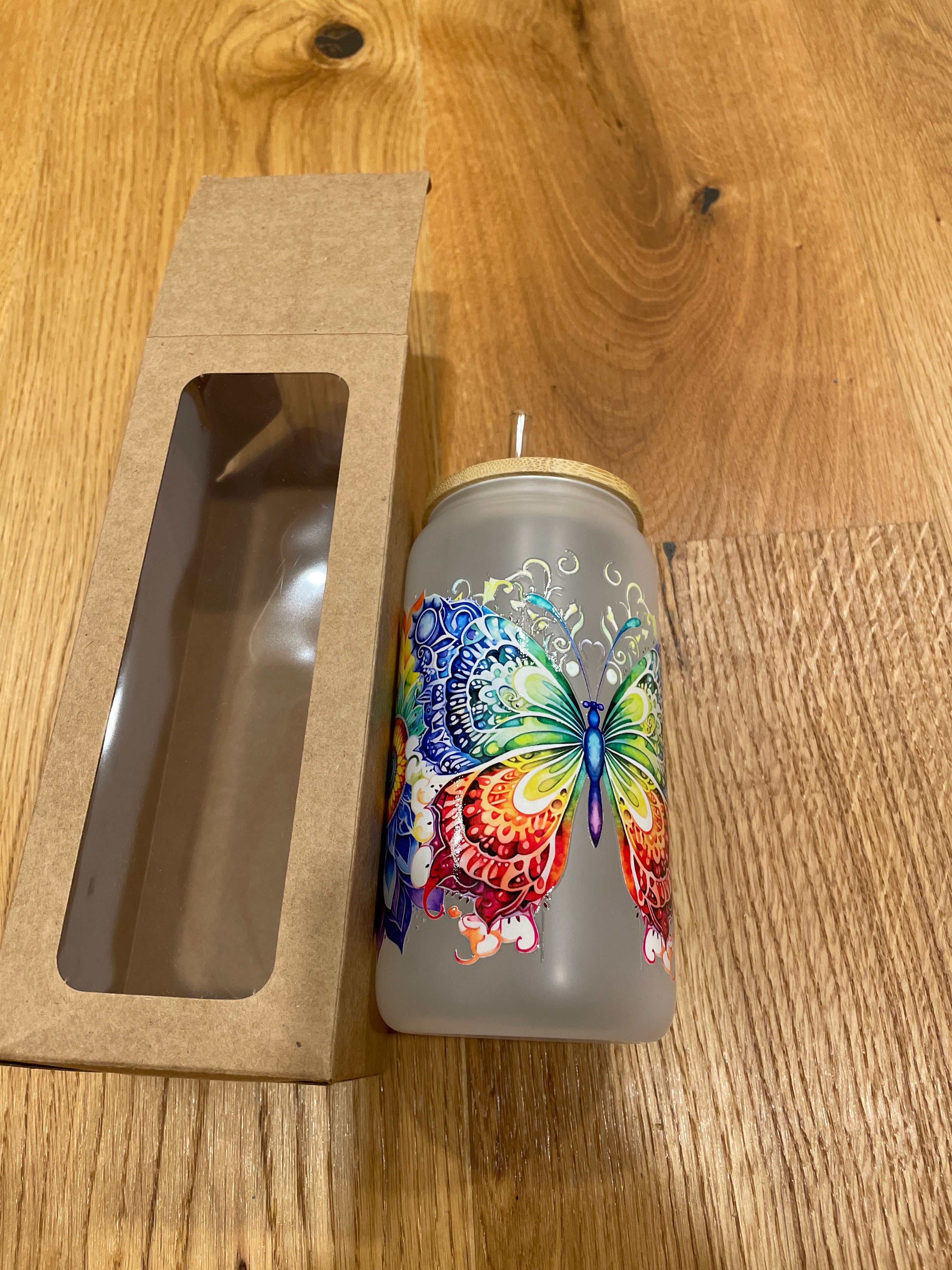 Glasbecher mit Bambusdeckel & Glasstrohhalm