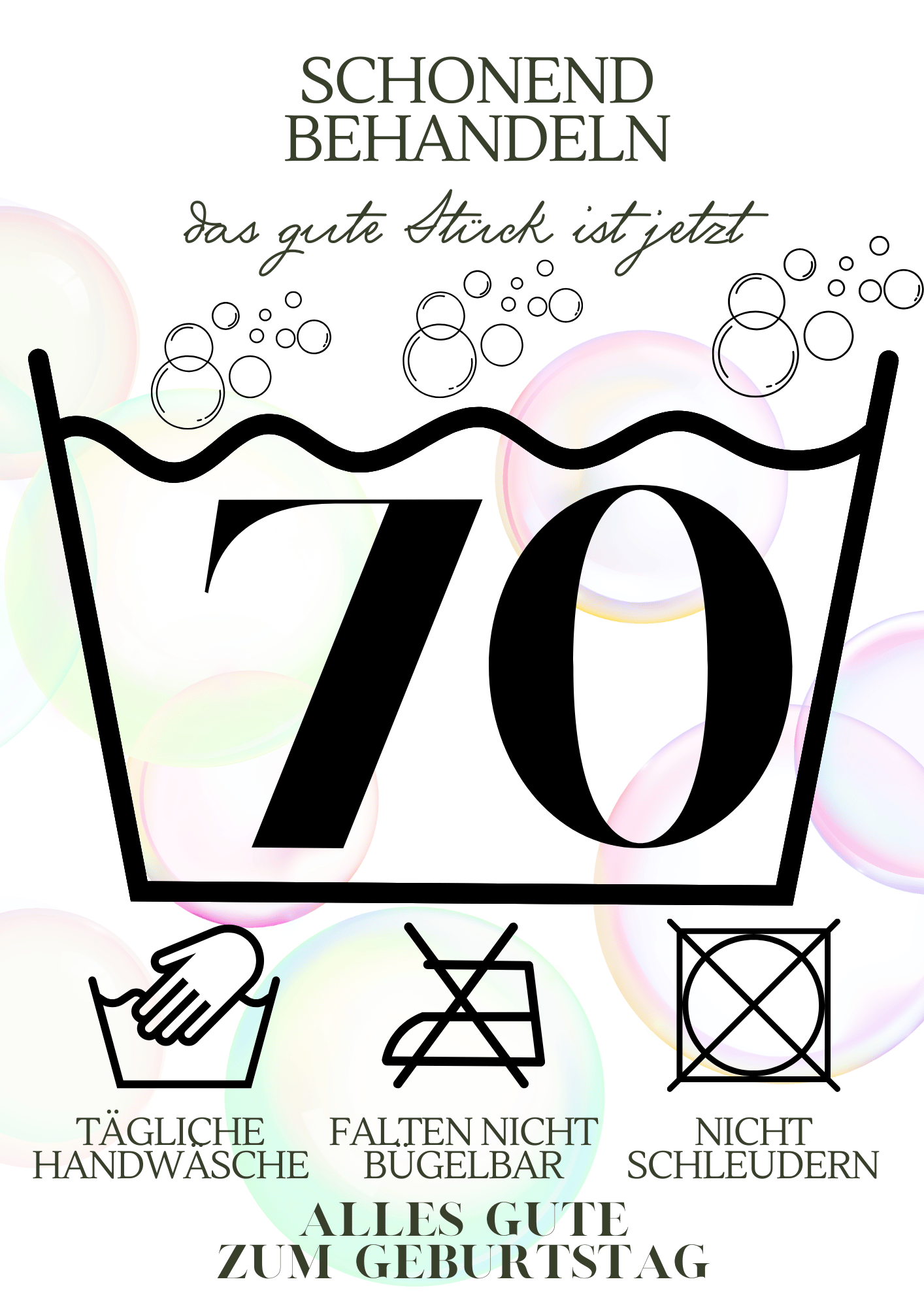 "70er" Runder Geburtstag, schonend waschen, digitaler Sofortdownload, DIN A4 PDF-Format, Last-Minute-Geschenkidee, DIY, Geldgeschenk