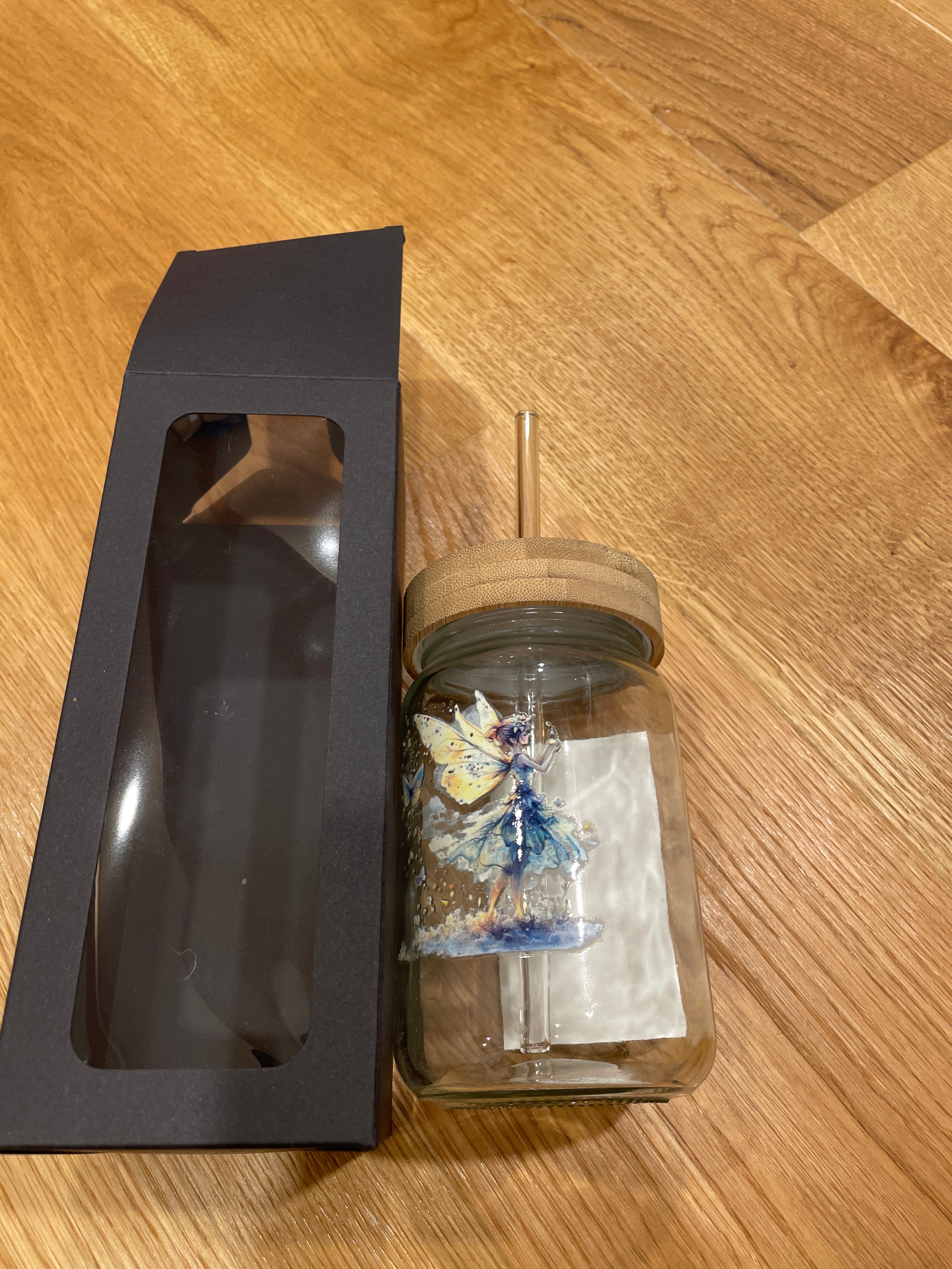 Glasbecher mit Bambusdeckel & Glasstrohhalm