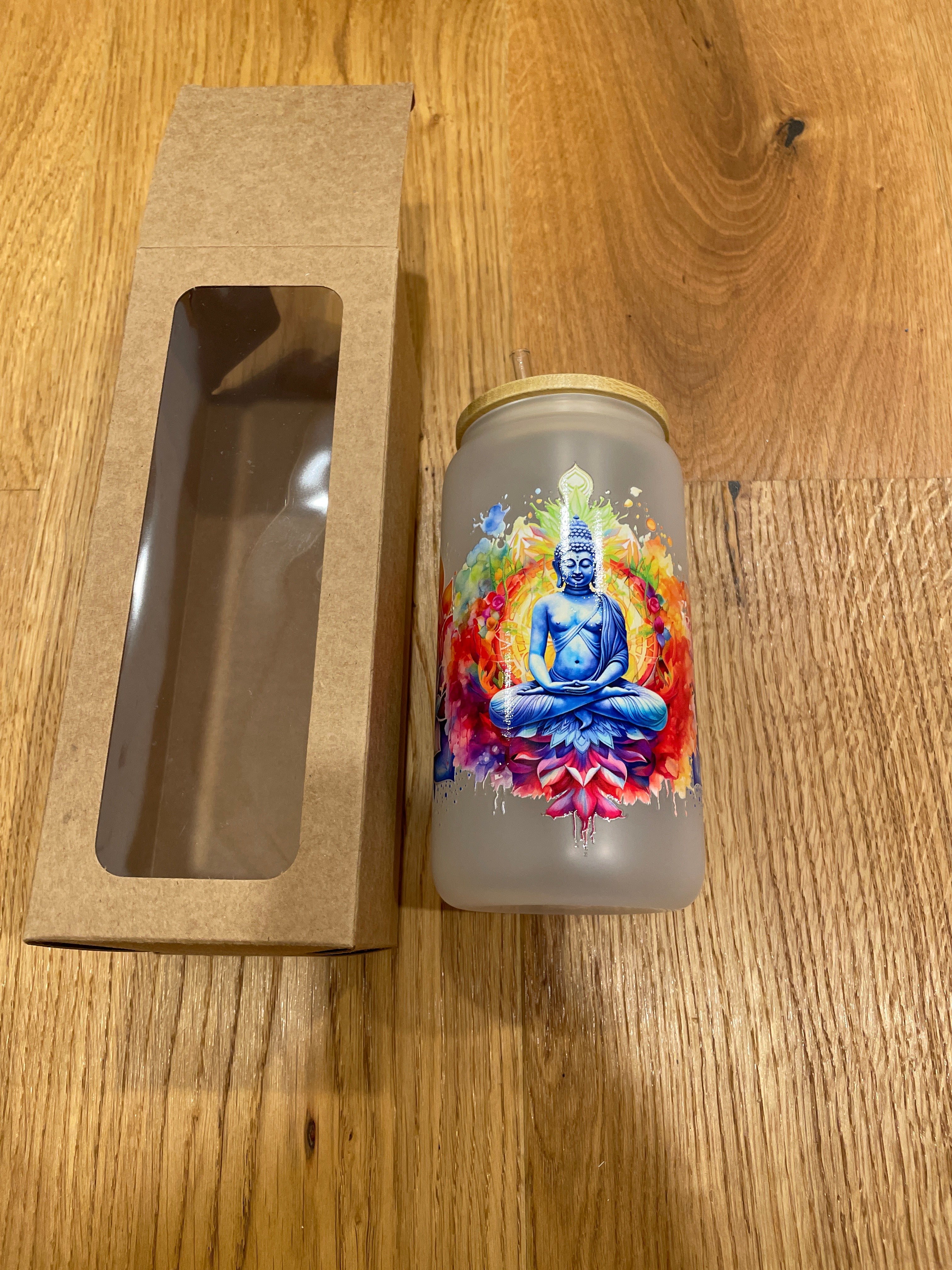 Glasbecher mit Bambusdeckel & Glasstrohhalm