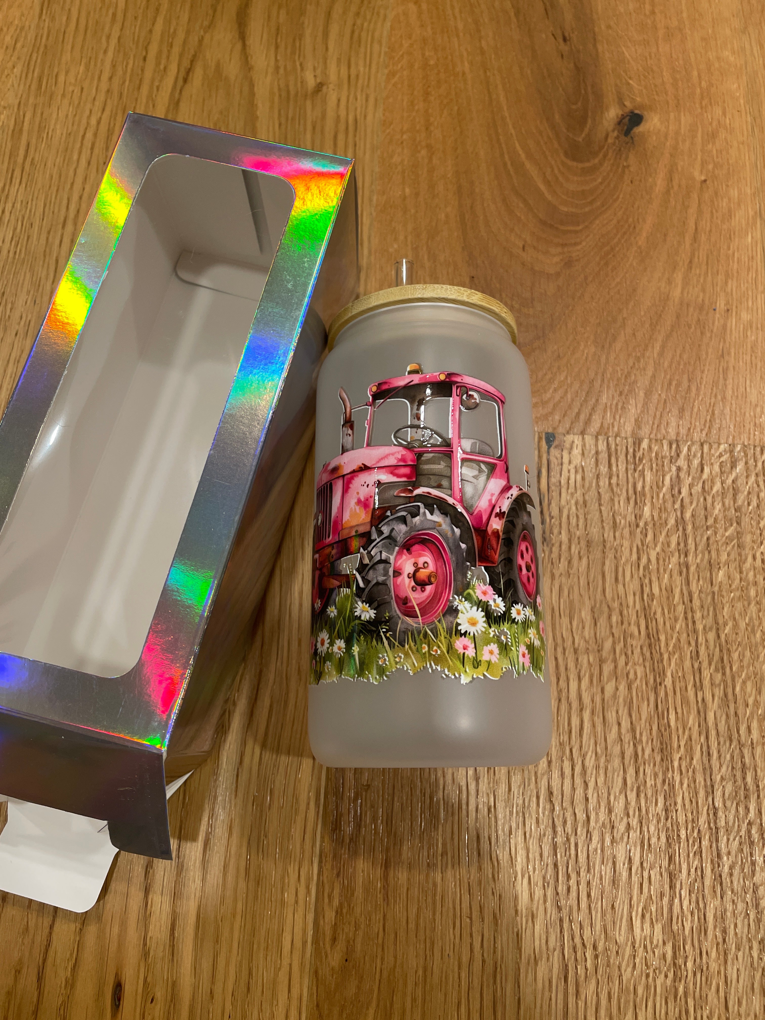 Glasbecher mit Bambusdeckel & Glasstrohhalm