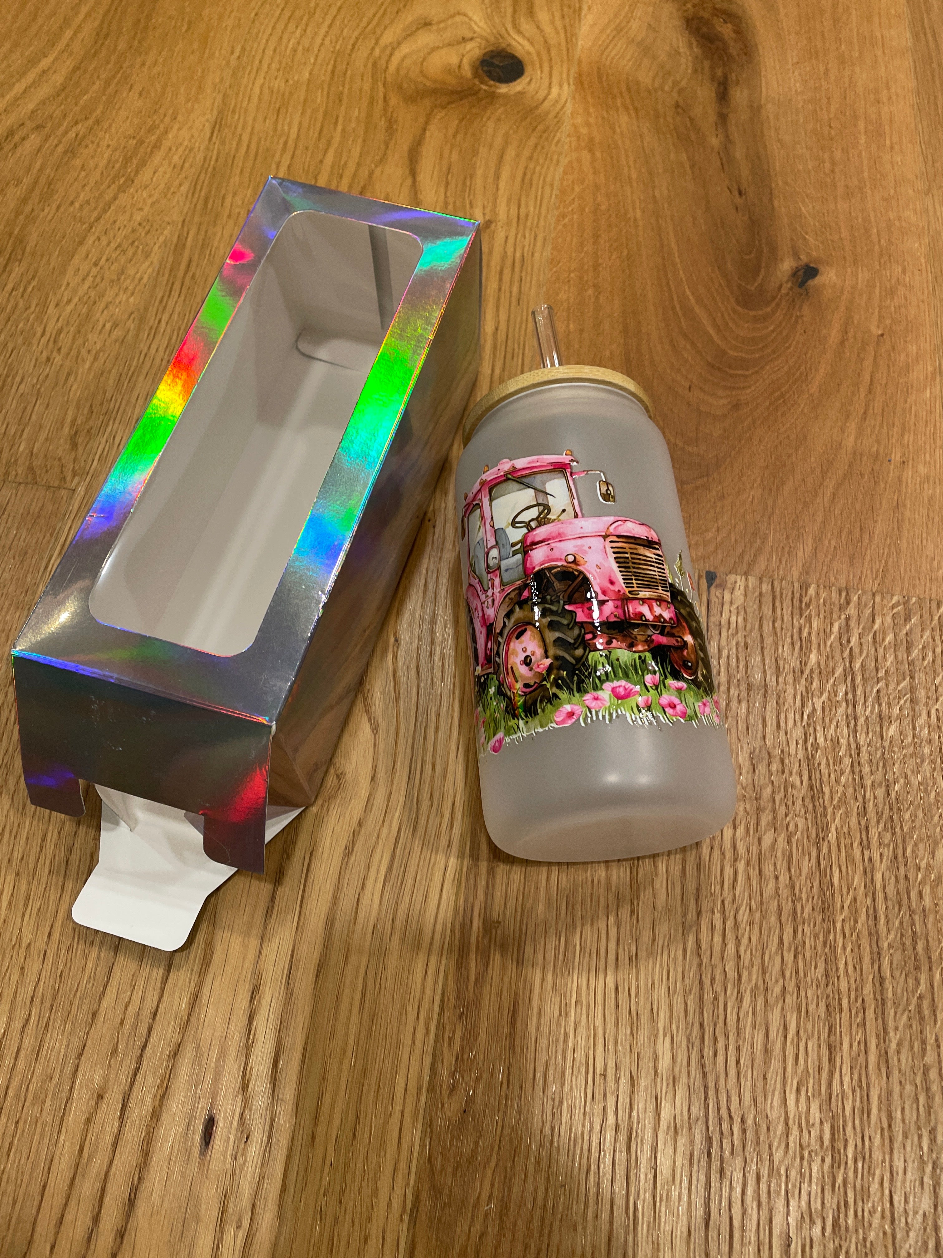 Glasbecher mit Bambusdeckel & Glasstrohhalm