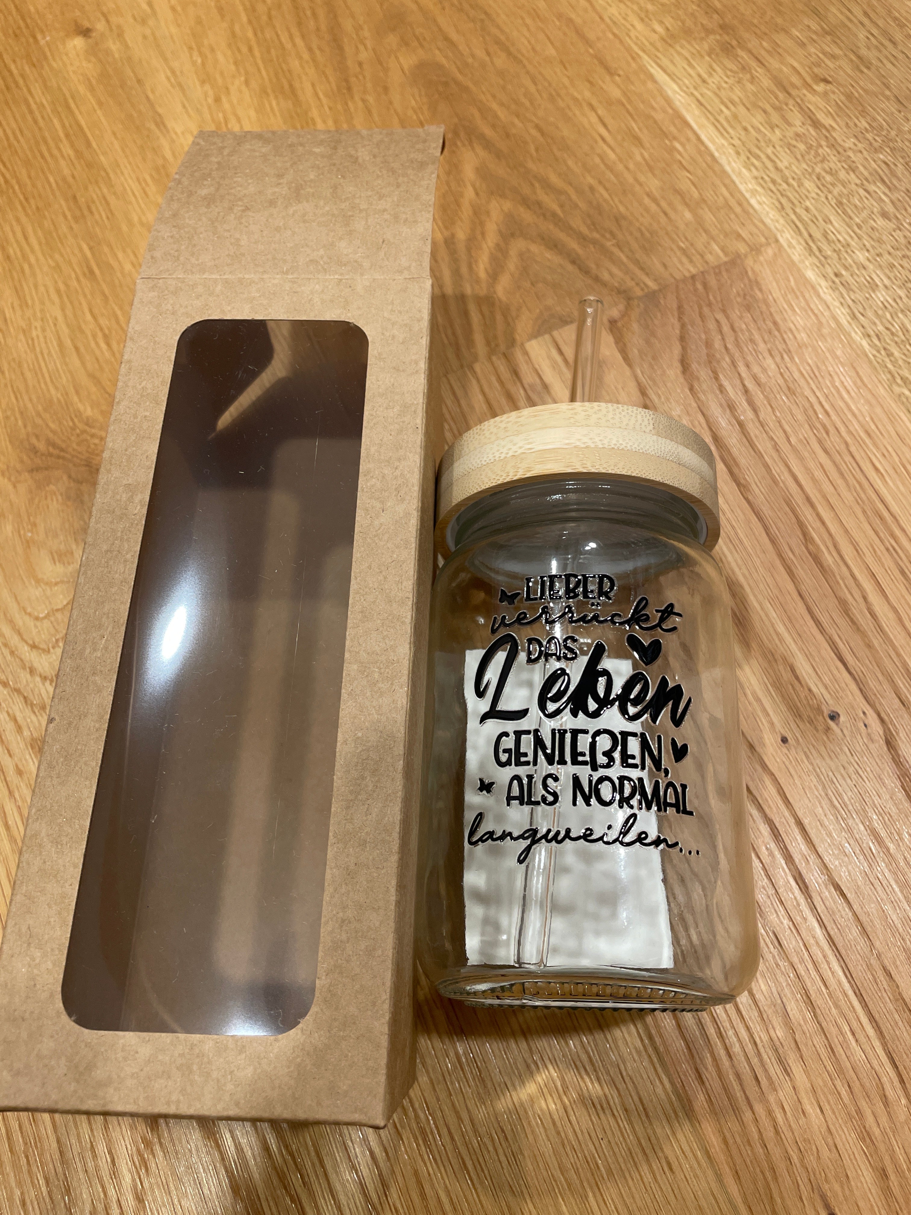 Glasbecher mit Bambusdeckel & Glasstrohhalm