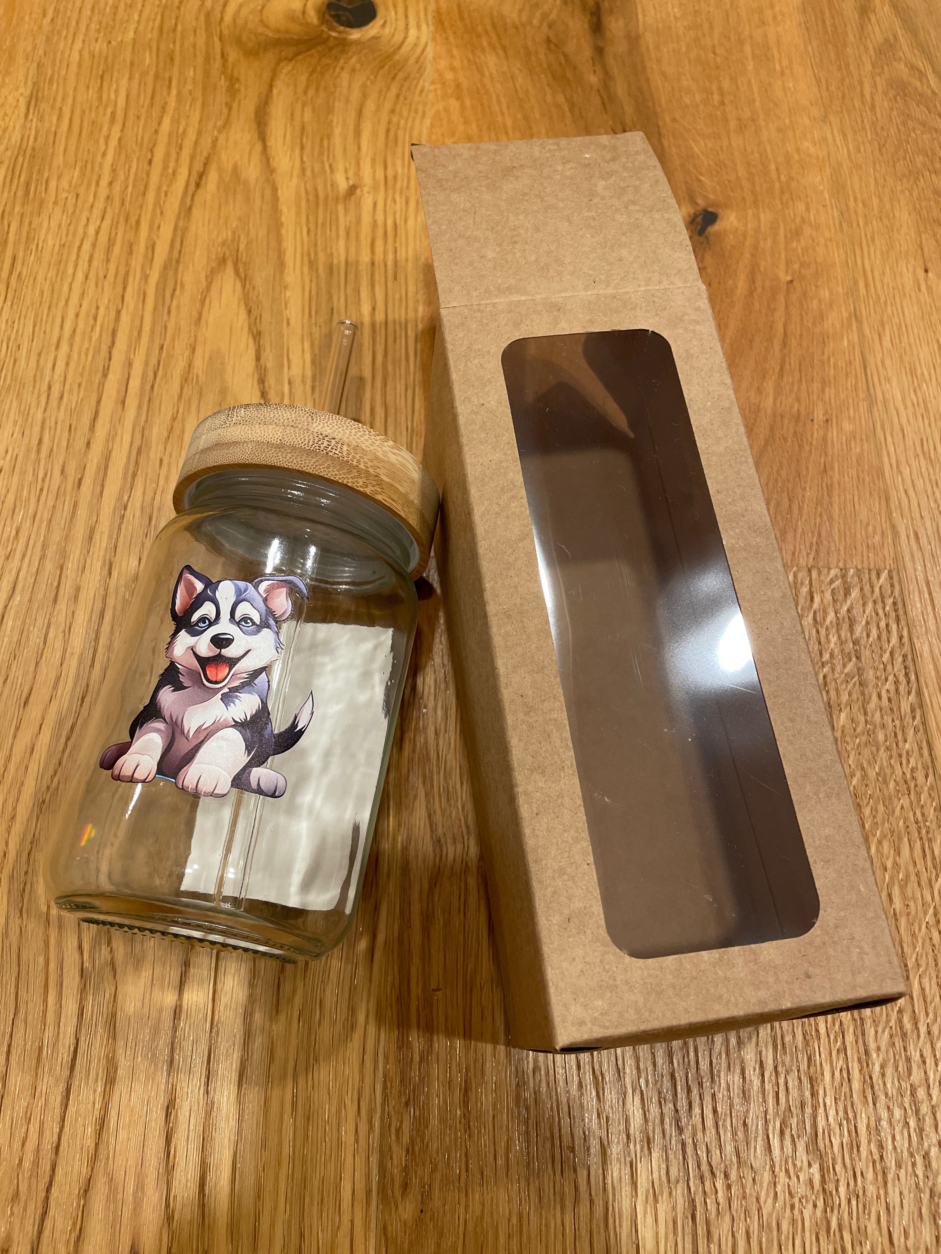 Glasbecher mit Bambusdeckel & Glasstrohhalm