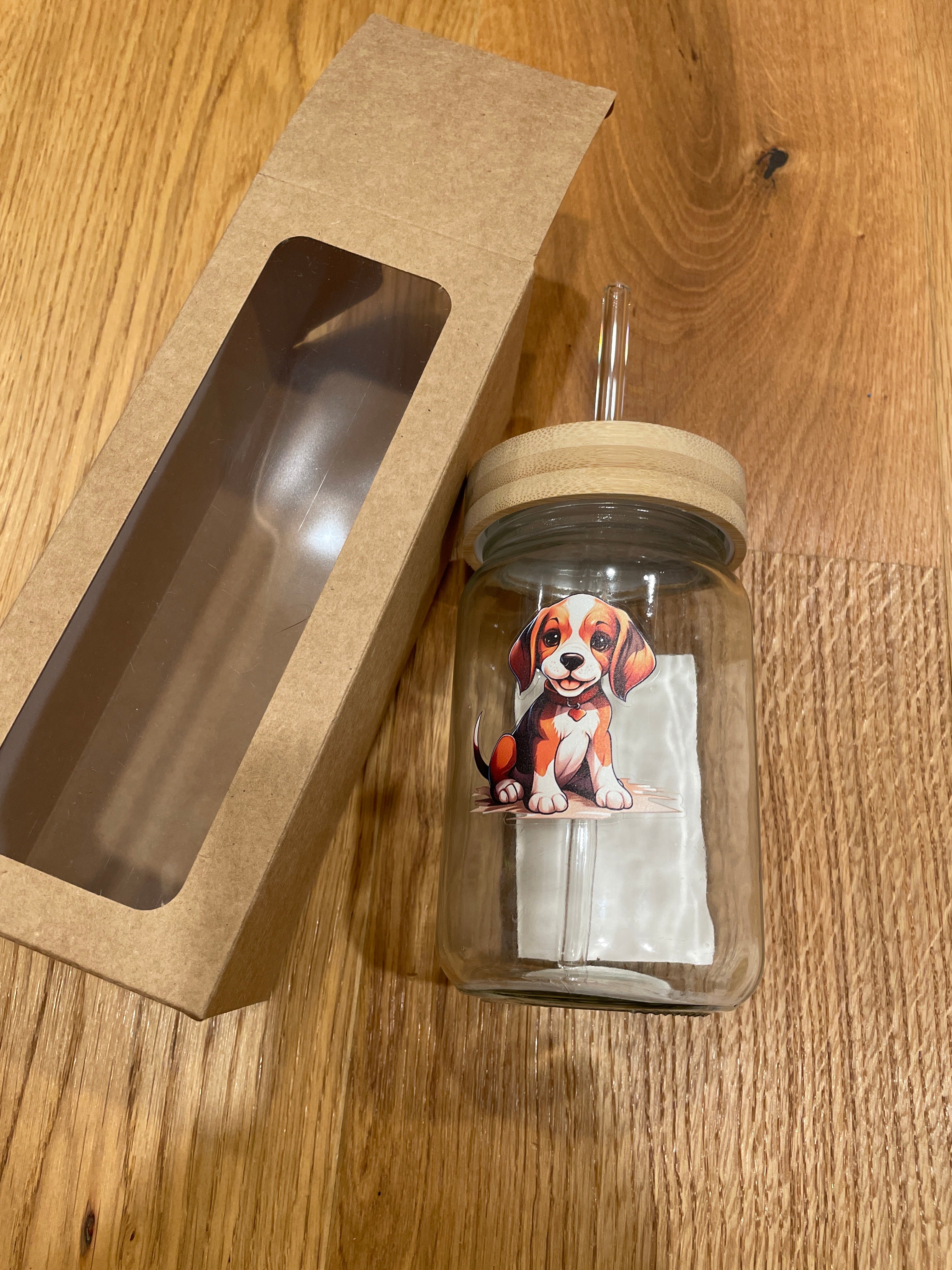 Glasbecher mit Bambusdeckel & Glasstrohhalm