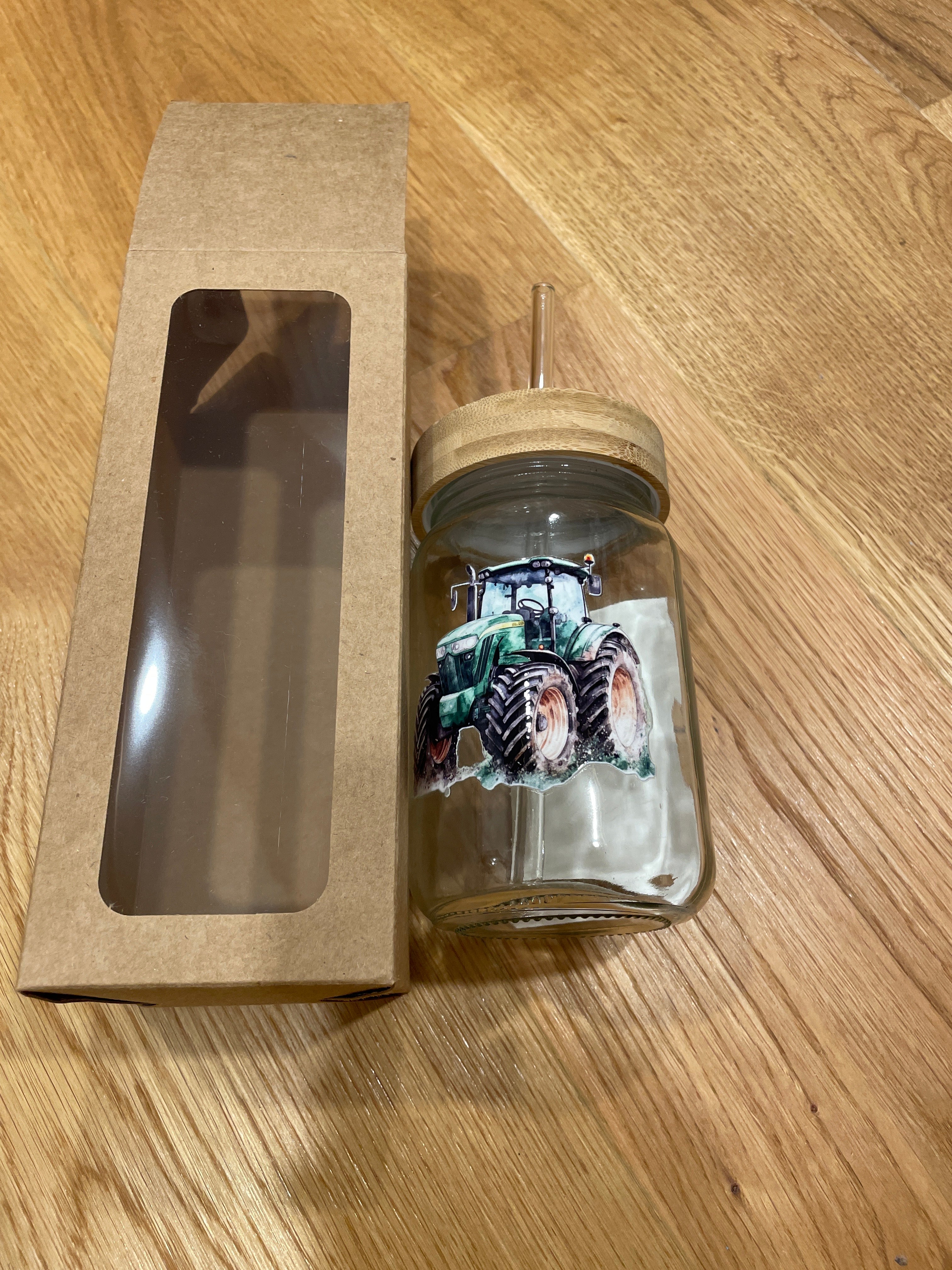 Glasbecher mit Bambusdeckel & Glasstrohhalm