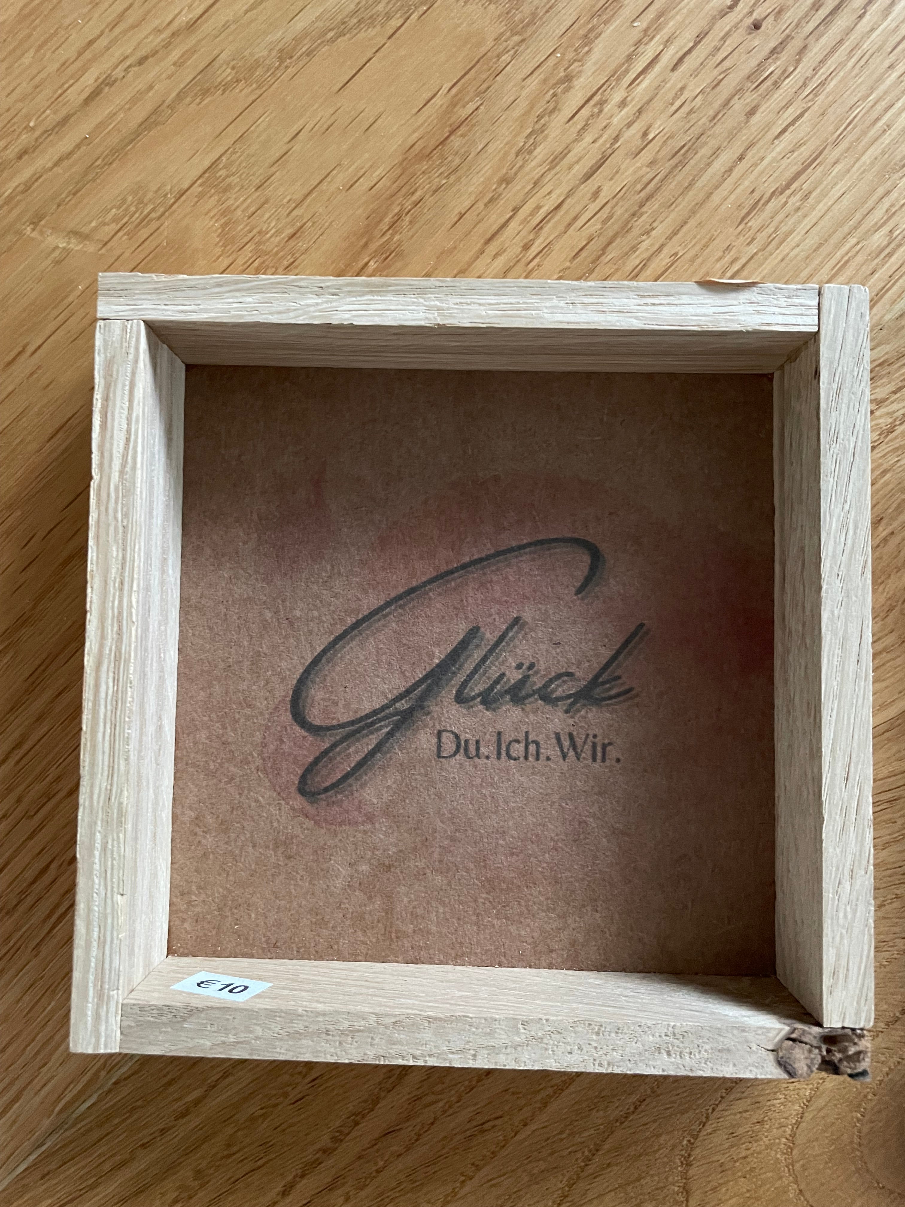 Klötzchen Spruch auf DesignPapier im Holzsticks Rahmen "Glück Du. Ich. Wir.