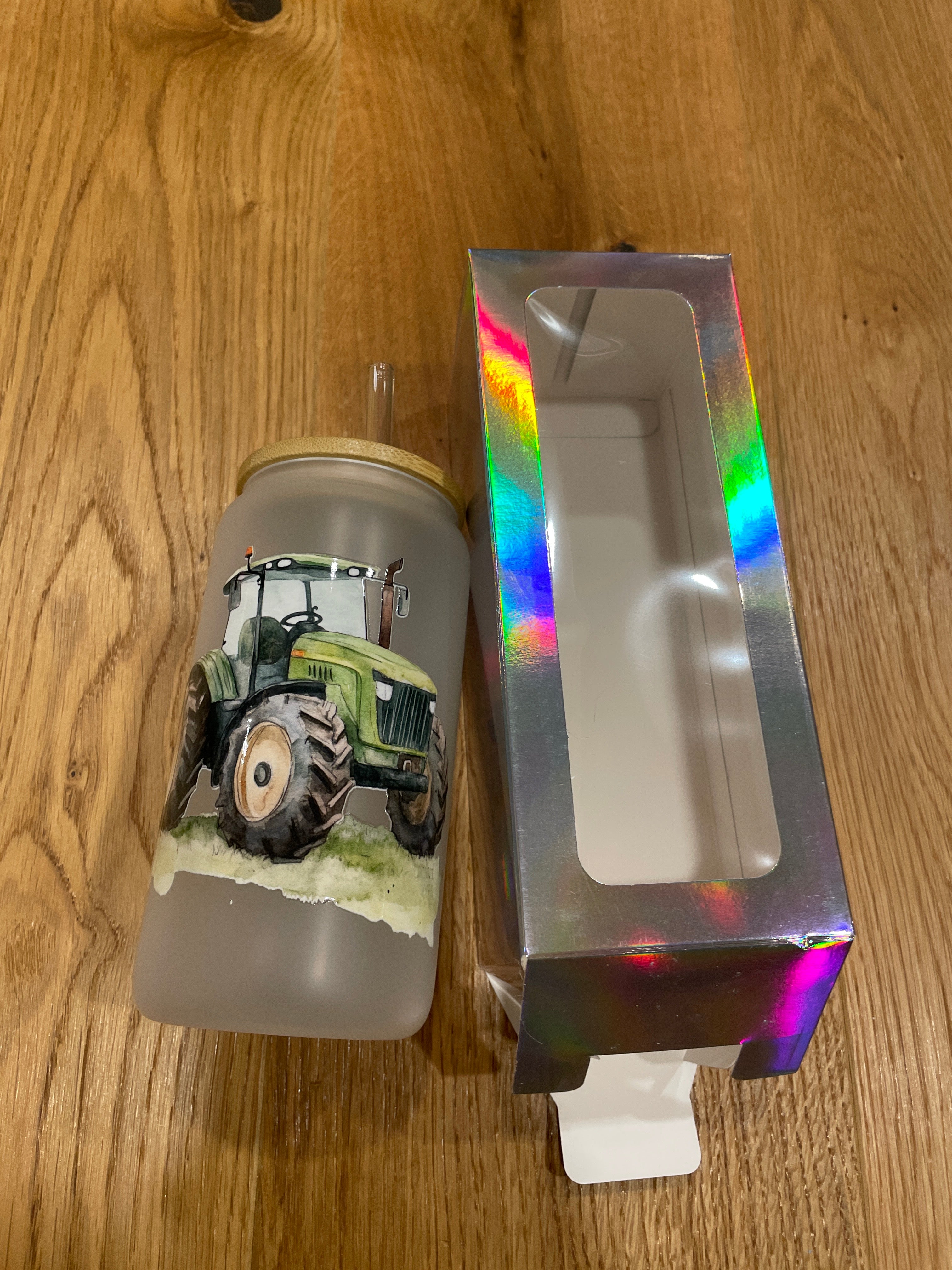 Glasbecher mit Bambusdeckel & Glasstrohhalm