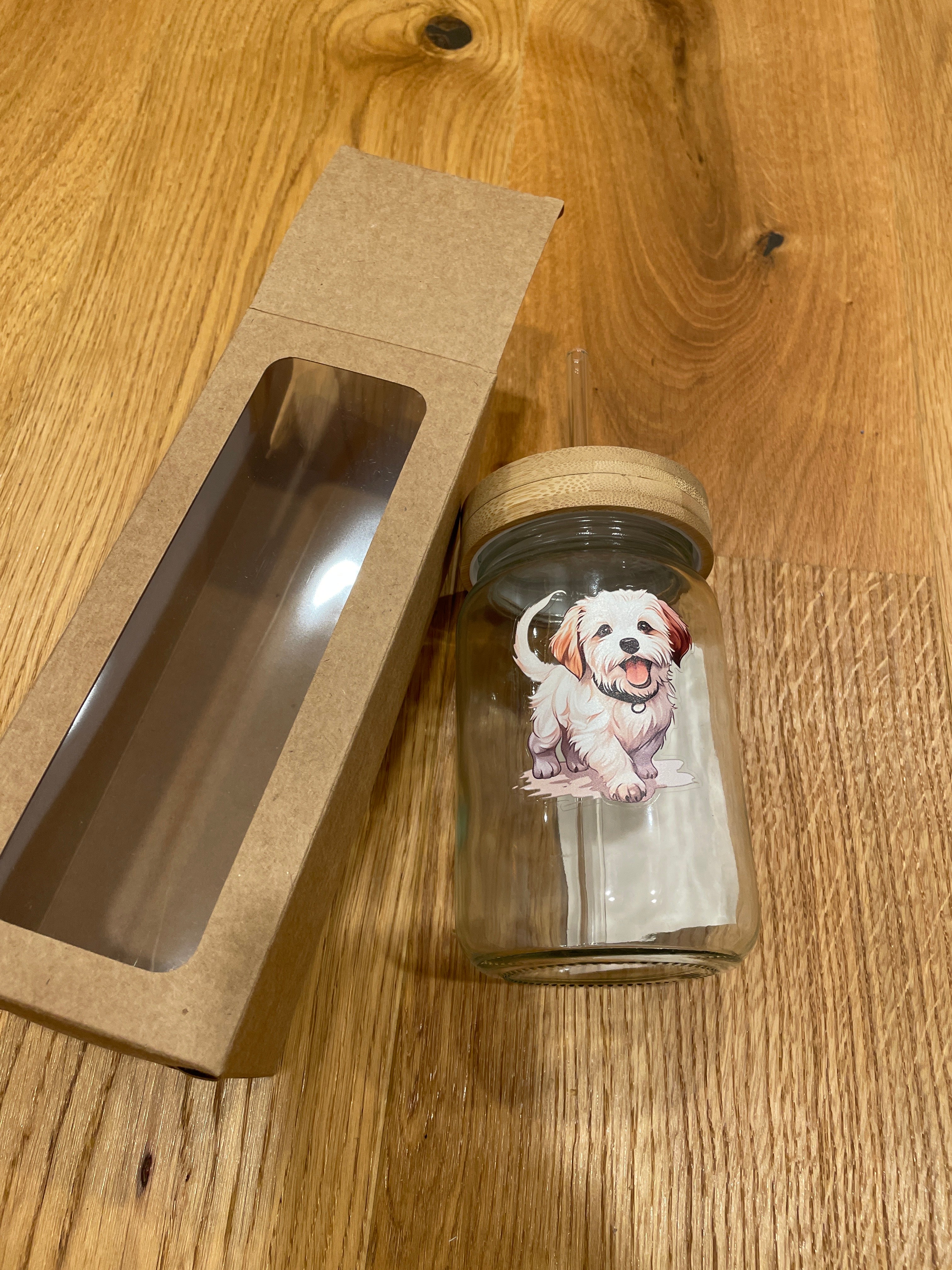 Glasbecher mit Bambusdeckel & Glasstrohhalm