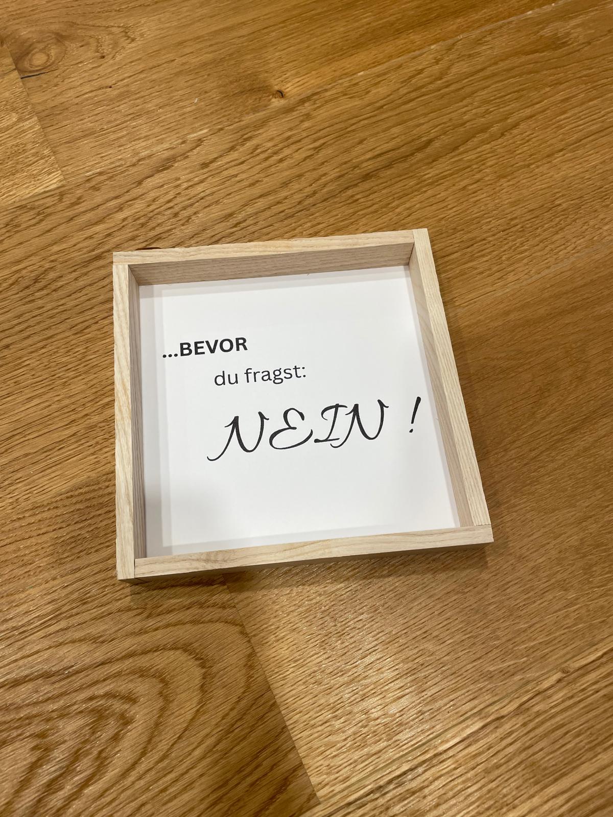 Klötzchen Spruch auf DesignPapier im Holzsticks Rahmen "... bevor du fragst: NEIN!"