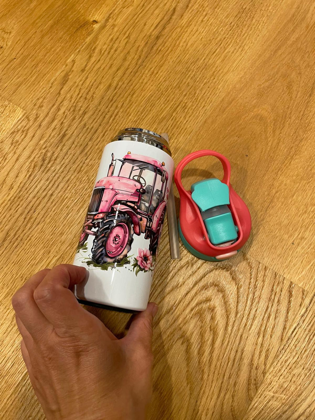 12oz/350ml Edelstahl-Isolierbecher - Ideal für Zuhause, Schule und Park "Traktor Türkis-Rosa"