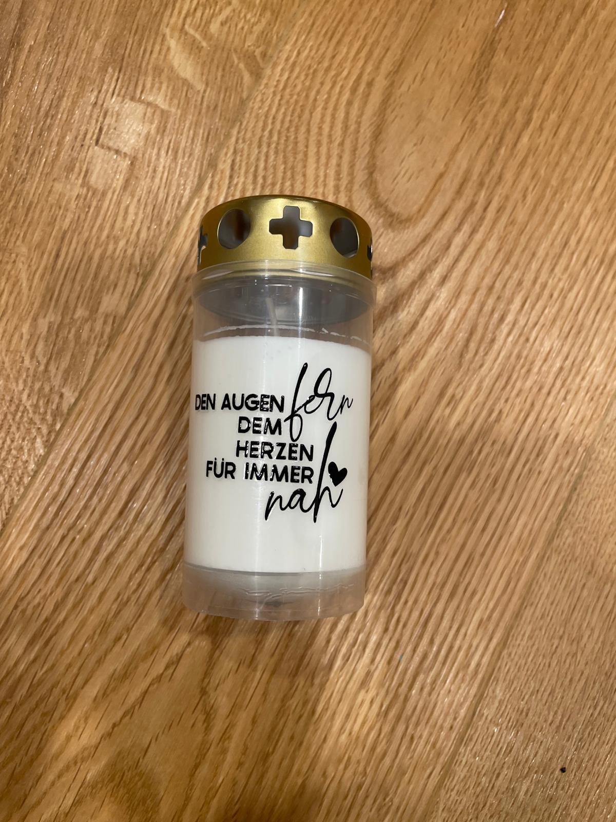 Weißes Grablicht mit Trauerspruch Klein